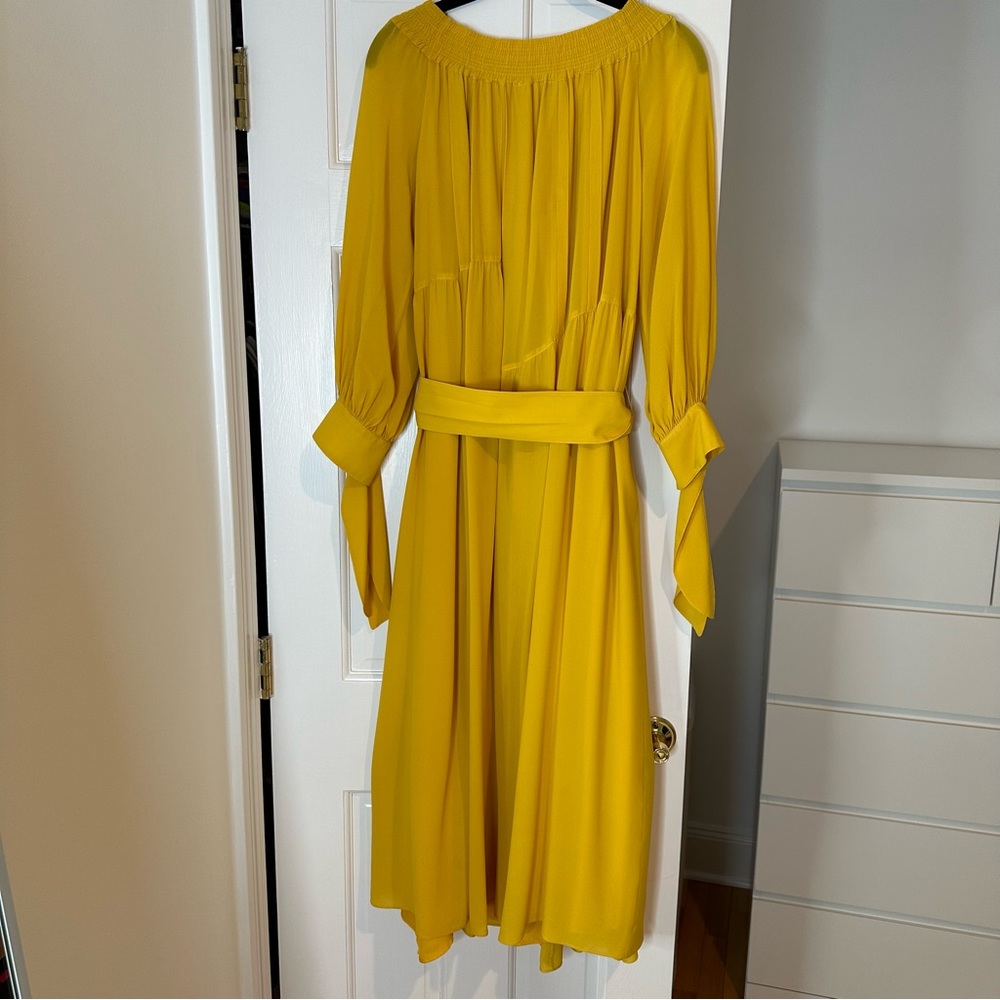 Derek Lam Yellow Silk Georgette Off the Shoulder Belted Dress Size 4 - Picture 8 of 10
